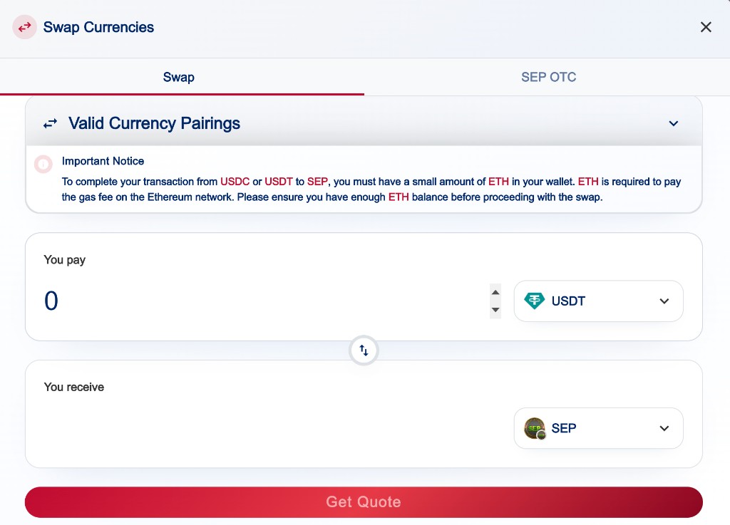 Swap Currencies screen: pay and receive tokens with quote